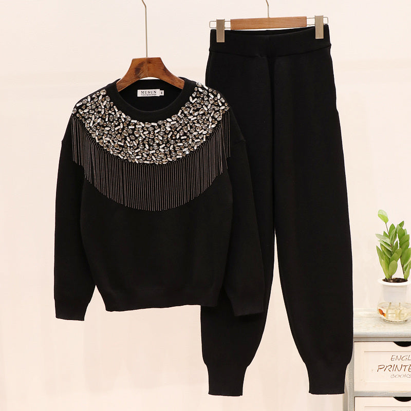 pant Autumn Winter Diamonds Tassel Knitted Sweater Sports Pants Tracksuit Women Loose Knitting Tops and Casual Trousers Female 2pcs