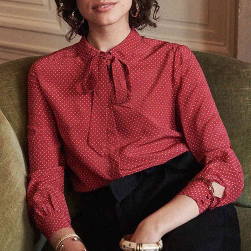 blouses Polka Dot Silk Shirt Women Spring Casual Long Sleeve Ribbon Draping Sense Elegant Red Blouse Vintage Chic Shirts Femme