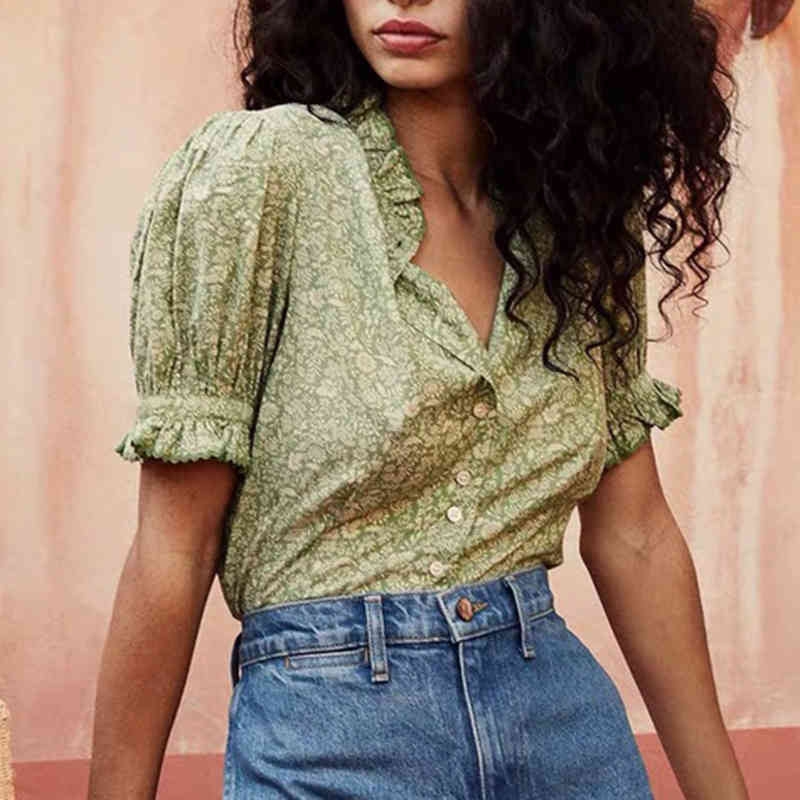 blouses Ruffle Shirts Women Floral Print Sleeve Green Slim Waist Buttons Up Blouse Casual Retro Mujer chemisier femme Tops