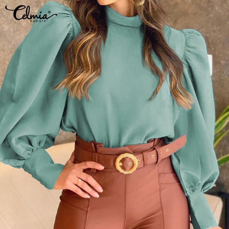 blouses Women Stand Collar OL Blouses Celmia 2021 Elegant Long Puff Sleeve Shirt Fashion Female Office Tops Casual Loose Solid Blusas