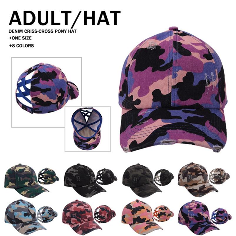 Camouflage Ponytail Baseball Cap Knitting Criss Cross Washed Ball Caps Pattern Fashion Camouflage High Messy Hat Supplies LLA343