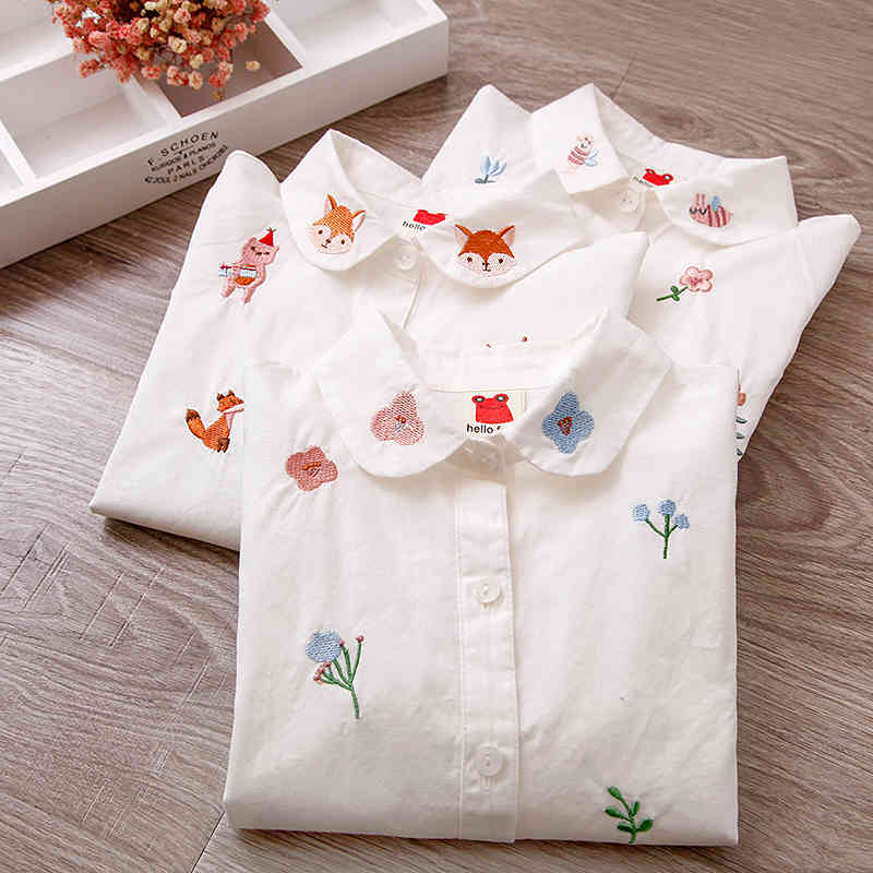shirts Blouses Long Sleeve White Blouse Autumn Kids Clothes Girls 8 To 12 Cartoon Fox Embroidery Tops Cotton School Shirts