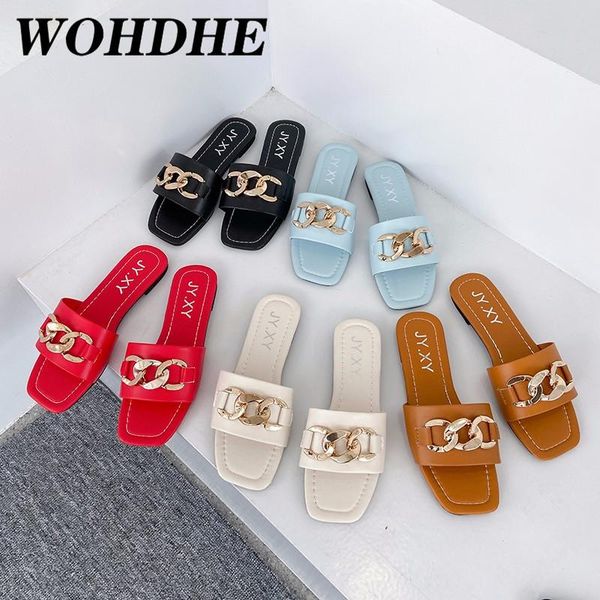 Metal Chain Slippers Women Open Toe Flat Casual Slide Beach Flip Flops Candy Color Sandals Shoes Green Big Size 41 42