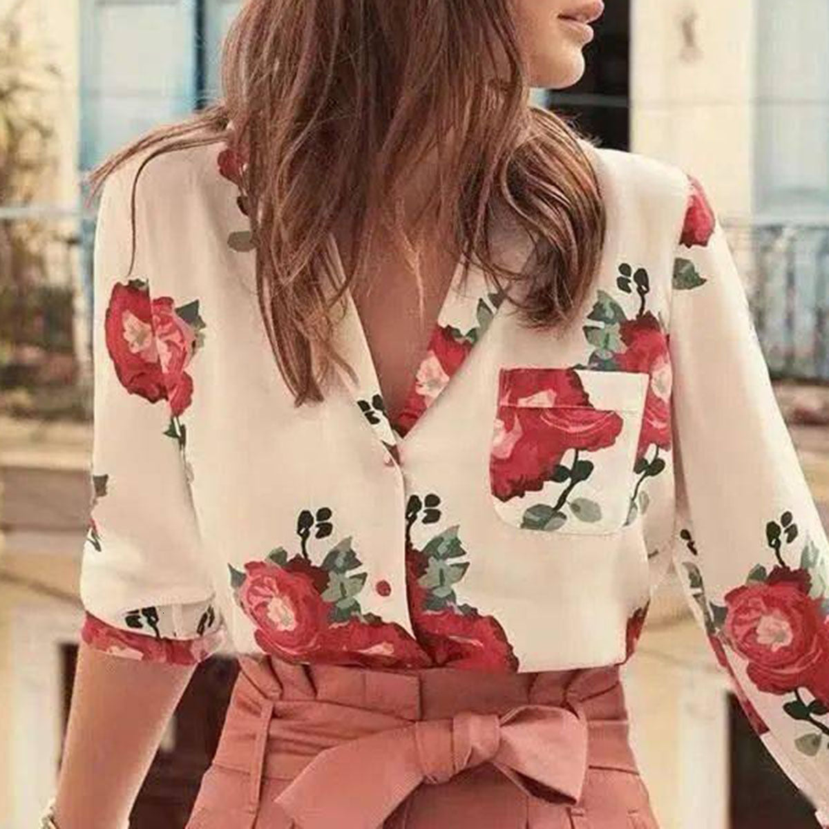 blouses Rose Printed Silk Shirt Women Summer Chic V Neck Long Sleeve Pocket Vintage Blouse Office Lady Elegant Autumn Tops Tunic
