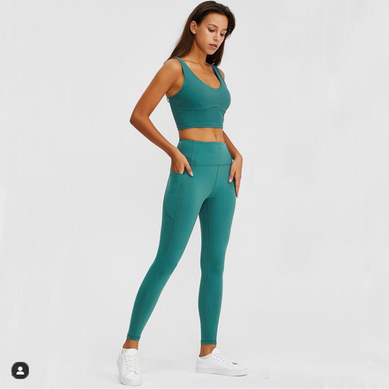 Seamless Solid 2Pcs Yoga Set Women Beauty Back Bra Sportwear Gym Clothing Fitness Leggings Workout Sports Suit With Pockets Outfit