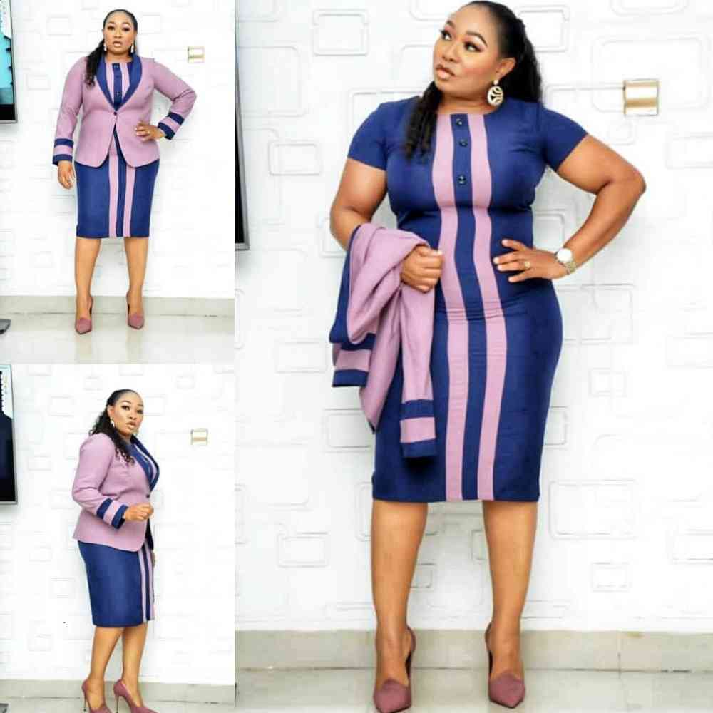 dresses Two Pieces African Clothes Stripe Print Women 2021 Spring Autumn Office Lady O-Neck Bodycon Midi Dress Coat Suit Set