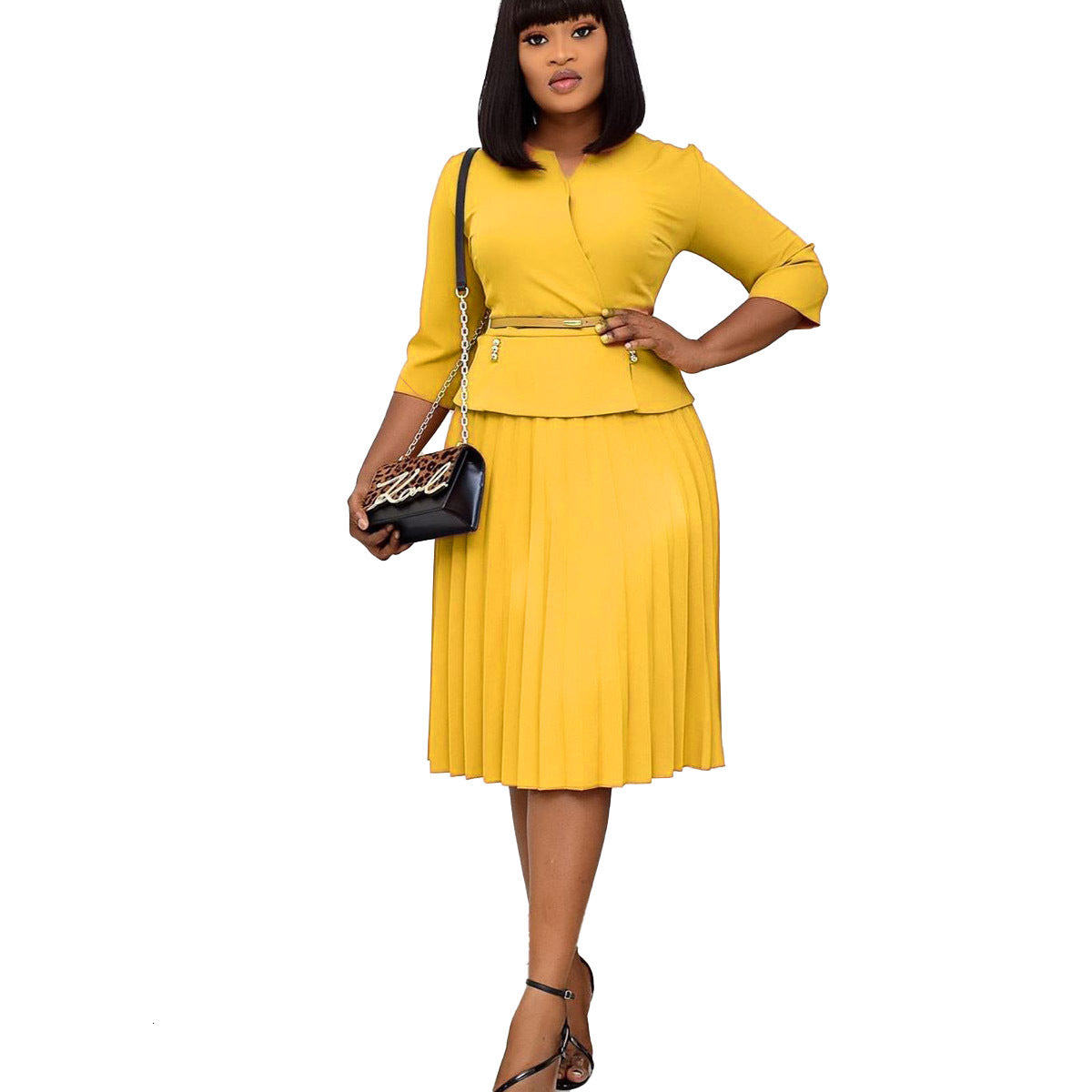 dresses Spring Autumn New For Patchwork Clothes Robe African Women 3-4 Sleeve Work Office Pleated Dress