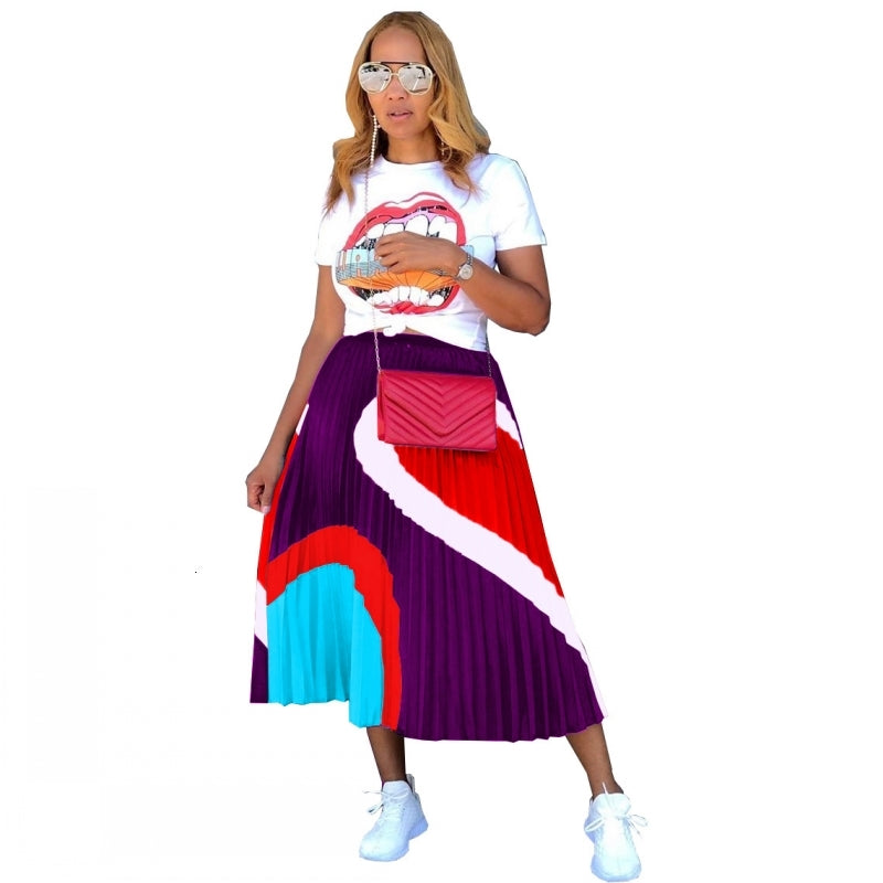 skirts Women&#039; Sets New Spring And Summer Women Print T-shirts + Pleated Long Two Piece Female Casual Skirt Suits