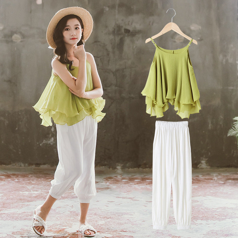 Children&#039;s suit Summer Kids Girls Outfits Jogger Children Chiffon Suspenders Tops and White Loose Pants Korean Teenage Two Piece Clothes Set