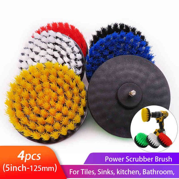 5inch 4pcs Electric Drill Brush Kit Power Scrubber Cleaning Brush for shower bathroom Car Leather Plastic Nylon Brushes Set 210329