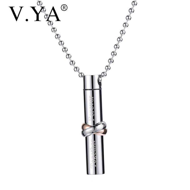 Pendant Necklaces V.YA Fashion Silver Color Stainless Steel Couple Perfume Bottle Necklace Can Open U-shaped Cylinder Pendants