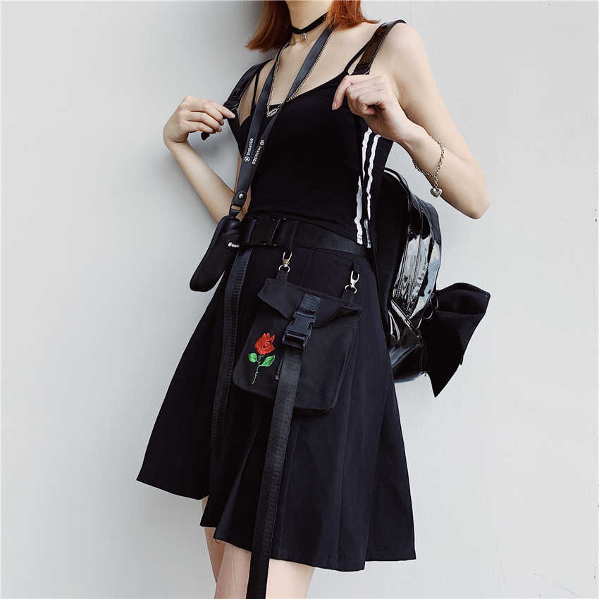 Skirts Korean Style High Waist Black Mini Pleated Skirt Women Summer Rose Embroidery Short Cargo Ladies jupe plisse JEWC