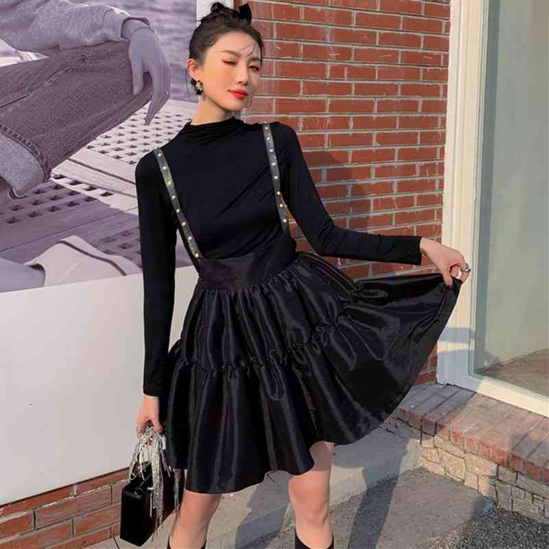 Skirts Spring Autumn Women Pearl Beading Suspender Skirt Black Vintage Gothic High Waist Stitching Ruffle Veet Tutu Teen Girls J7U
