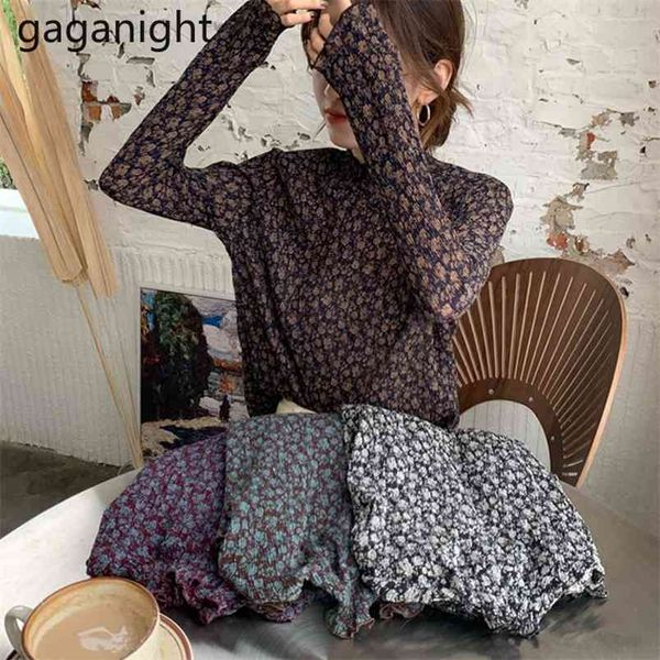 Vintage Floral Printed Chiffon Shirt Womens Stand Collar Long Sleeve Office Ladies Pullovers Tops Elegant Blouse 210601