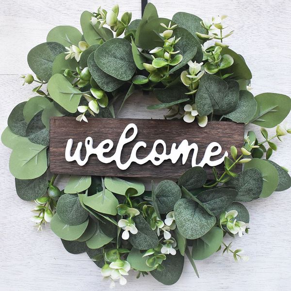 Welcome Wreath Door Decor Eucalyptus Leaf Artificial Garland Fake Plants Wedding Party Backdrops Hanging Ornament