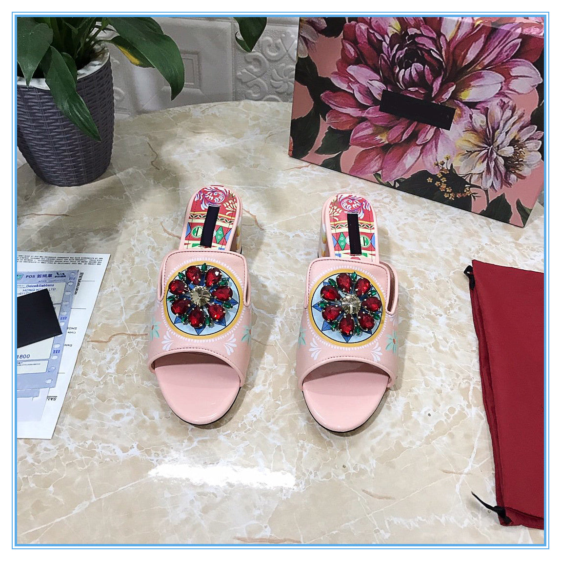 Women Slippers 2 Colors Pretty Flower Drill Decoration Box Dust Bag Shoes wonderful print Slide High Quality Summer Wide Sandals with 6.5cm heels Sl