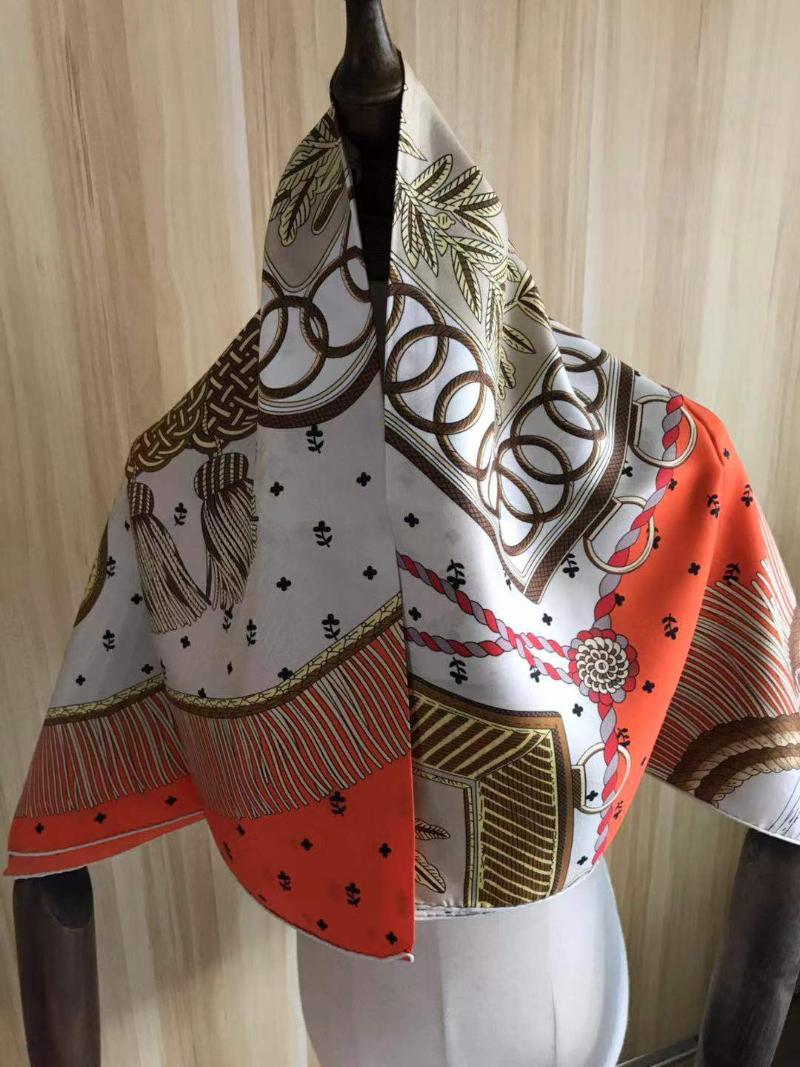 Scarves 2021 Arrival Winter Spring Classic Orange 100% Pure Silk Scarf Twill Hand Made Roll 90*90 Cm Shawl Wrap For Women Lady