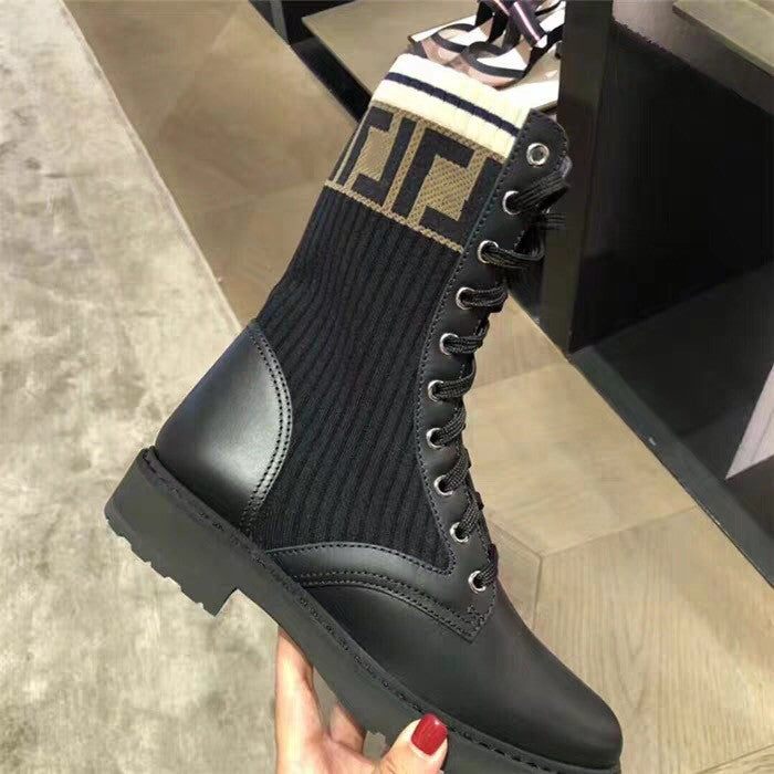 Black motorcycle boots knitting F print logo cloth leather Martin boots elastic cloth sleeve women shoes