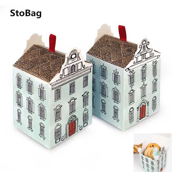 StoBag 10pcs-lot 6.7x6.7x7.5cm House Shape Handmade Cookies Packaging Blue Paper Box Special Gift Snack Supplies 210602