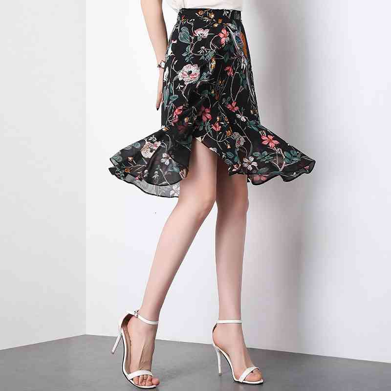 Skirts Falda de flores con volantes chifn Irregular para mujer, cintura alta Q1estampado mal a verano HVQU