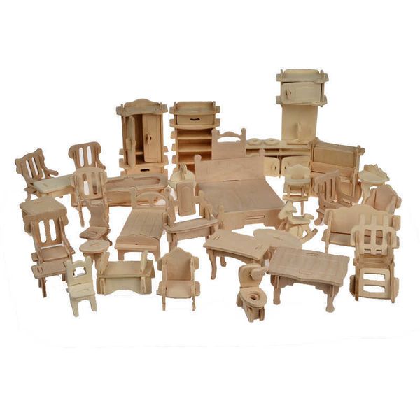 Wooden Doll House Dollhouse Furnitures Jigsaw Puzzle Scale Miniature Models DIY Accessories Factory Price Wholesale 34 Pcs