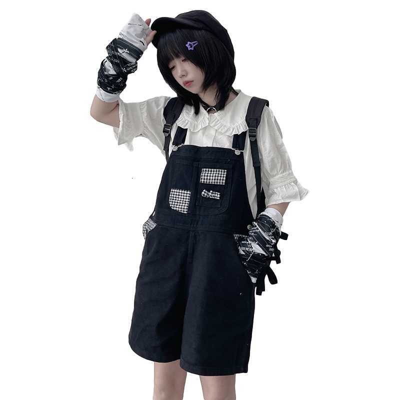 Women's Shorts Harajuku Vintage Denim Overalls Women Jeans Summer Japanese Streetwear Plaid White Jumpsuit Girls Oversized Black 7