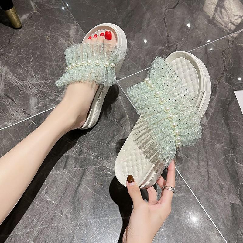 Slippers Candy Color Sweet Women&#039;s Thick SANDALS BEACH Shoes Lace Pearl Sell Well In The Summer Of 2021