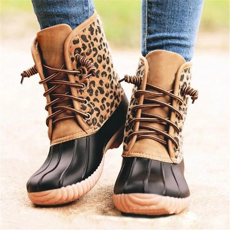 Boots Women Waterproof Lace Up Duck Boot Short Booties Leopard Grain