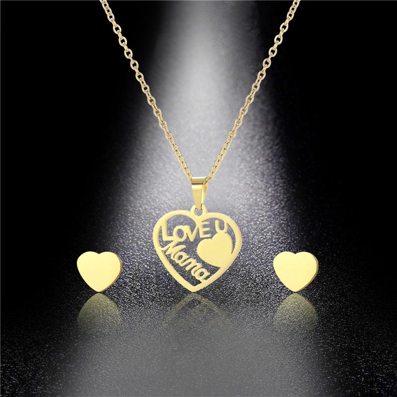 Pendant Necklaces Stainless Steel Letters Word I Love U Mama Double Two Heart Chain Necklace Sets Choker For Women Mom Mothers Day Jewelry