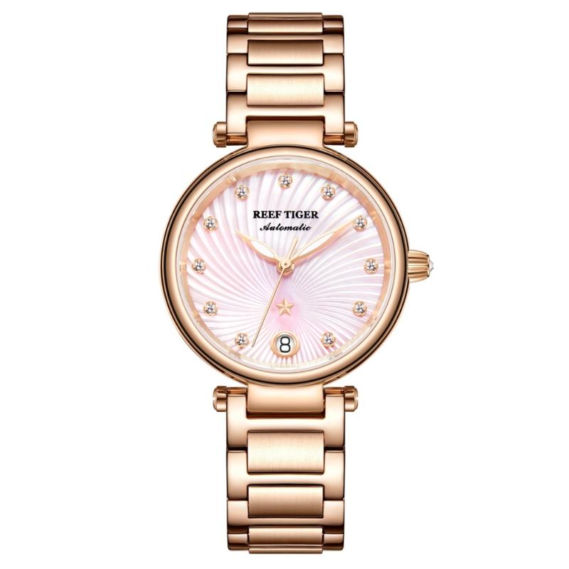 Wristwatches Reef Tiger RGA1590 Women Luxury Austria Crystal Scale Sapphire Mirror Lady Automatic Meachanical Wrist Watches - Rosegold