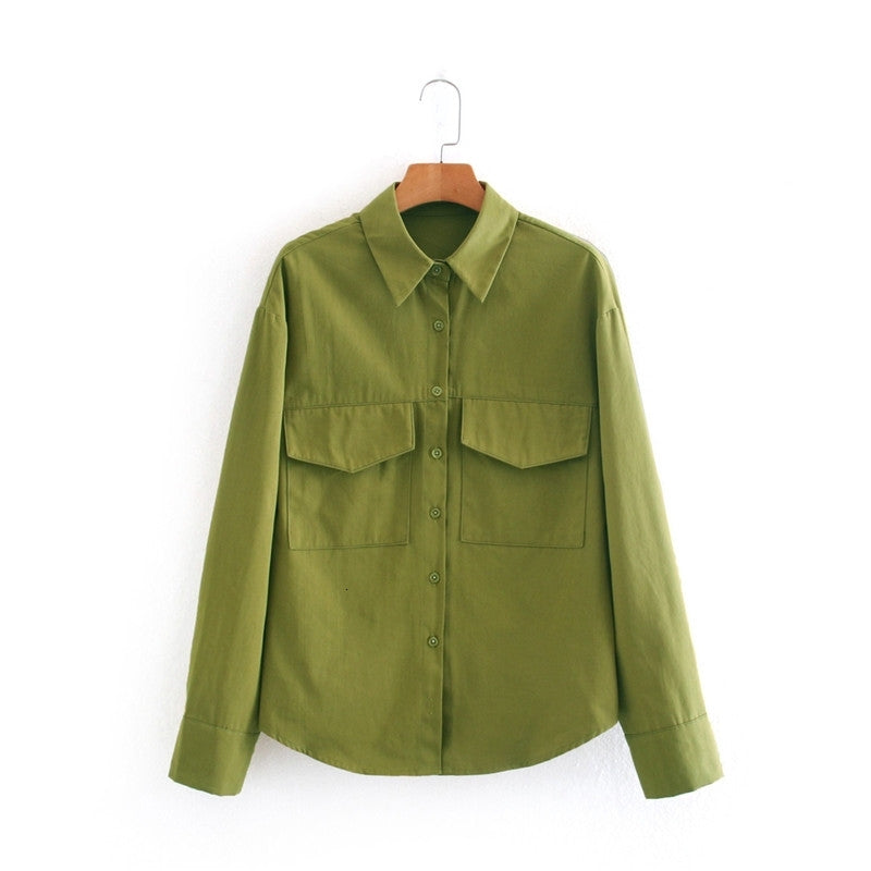 Women&#039;s Blouses & Shirts Women Fashion Double Pockets Za Green Slim Female Casual Autumn Sprint Single Breased Loose Shirt Girls C