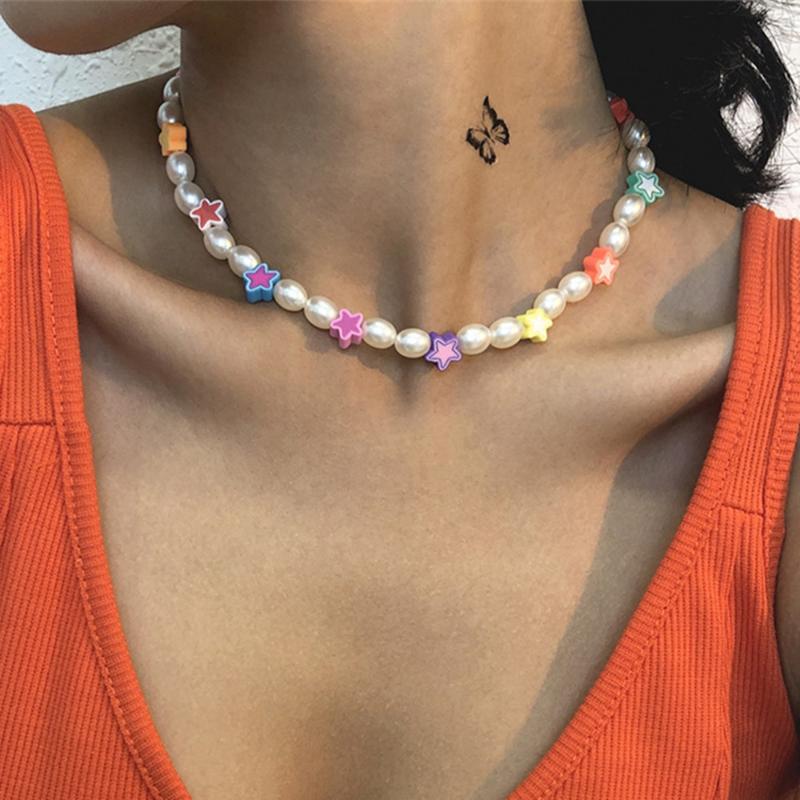 Chokers DIEZI Bohemian Imitation Pearl Necklace For Girls Cute Sweet Star Choker Multicolor Soft Clay Beads Jewelry