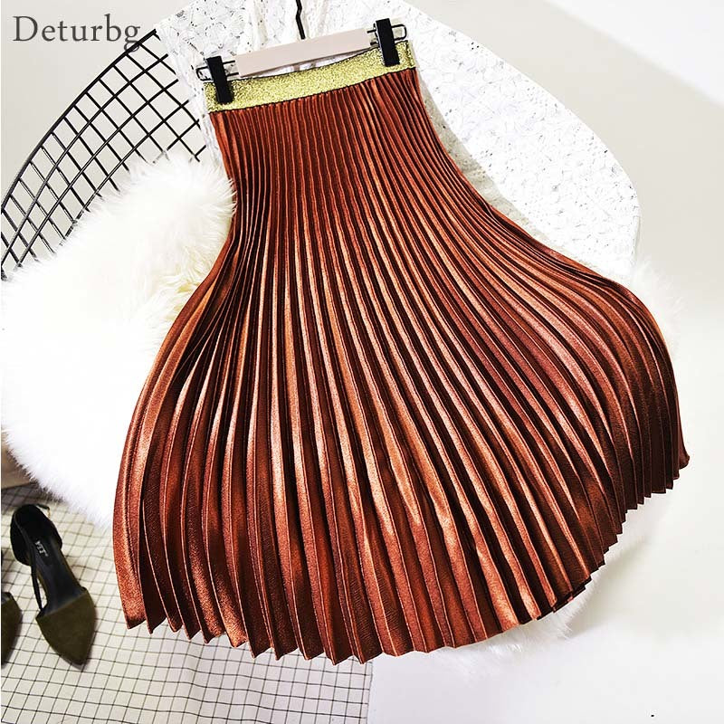 Casual Dresses Women&#039;s Korean Fashion Pleated Midi Skirt Female Elastic High Waist Velour Chic School Skirts Saias Autumn Winter P