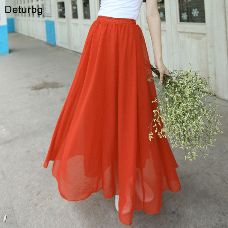 Casual Dresses Women Elegant Long Skirt Pastel Jupe Pleated Chiffon Vintage Saias Solid Faldas Maxi Beach School Skirts High Quali