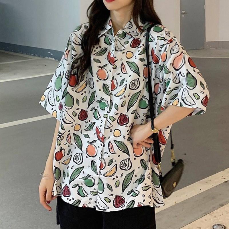 Women&#039;s Blouses & Shirts Women Summer Oversized Blouse Loose Hip-hop Streetwear Shirt Vintage Hawaii Print Button Down Harajuku La