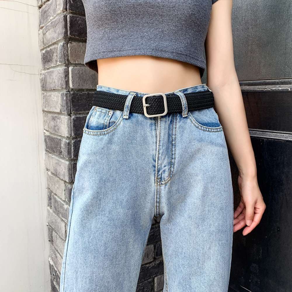 Black style women&#039;s jeans summer canvas waistband, no hole knitting, and elastic