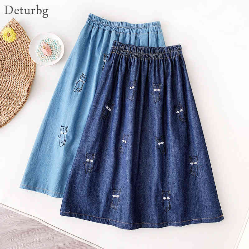 Casual Dresses Women&#039;s Kawaii Cat Embroider Denim Skirt Japanese Style Female High Waist A-Line Jeans Blue School Midi Skirts 2021