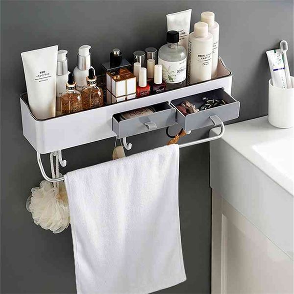 Punch-freer Bathroom Shower Shelf Towel Bar Shampoo Cosmetic Holder Storage Rack Kitchen Plastic 210423