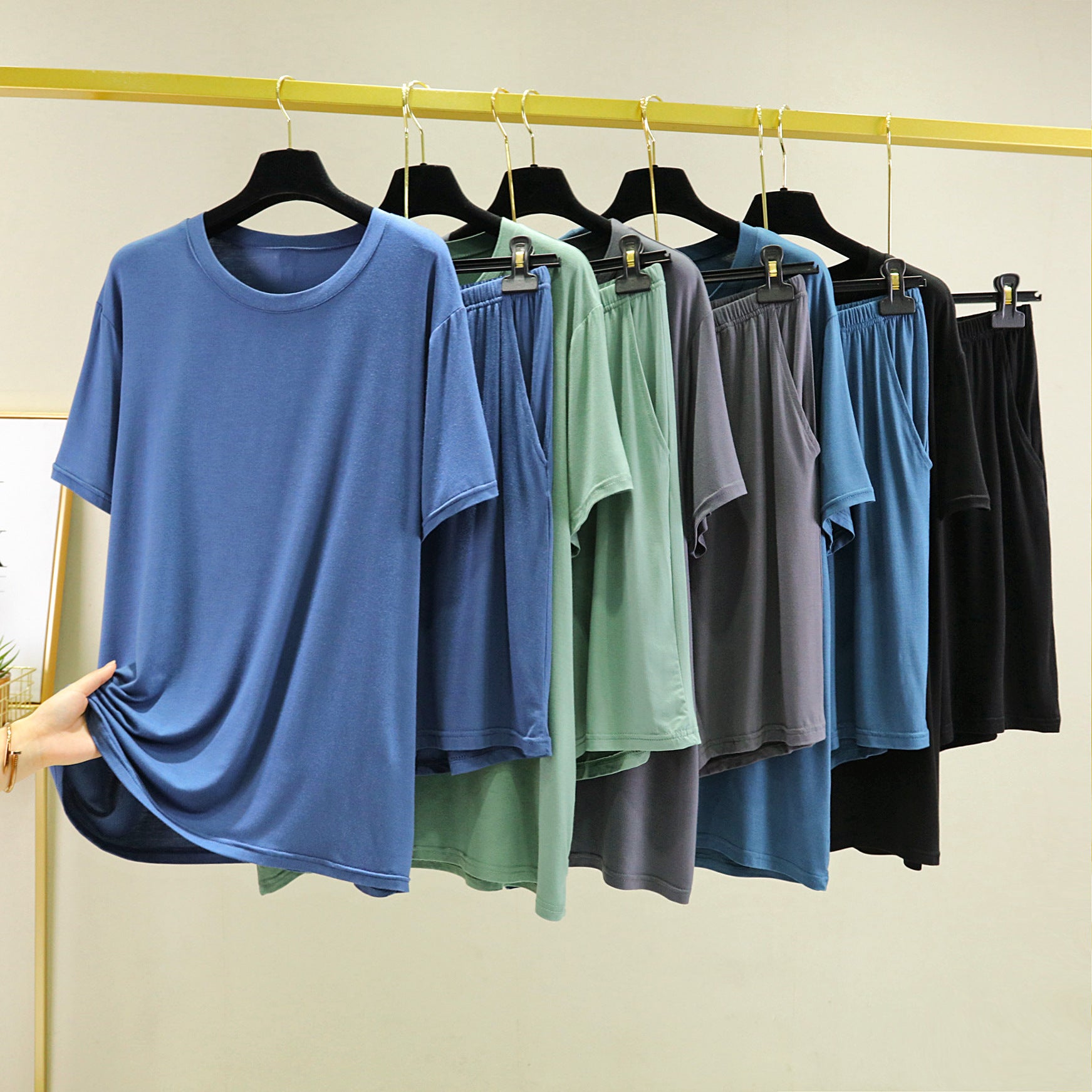 Men Two Piece Set Suit Home Wear Sleepwear short Pants Summer O-Neck Basic Tops Tees Half Casual Solid