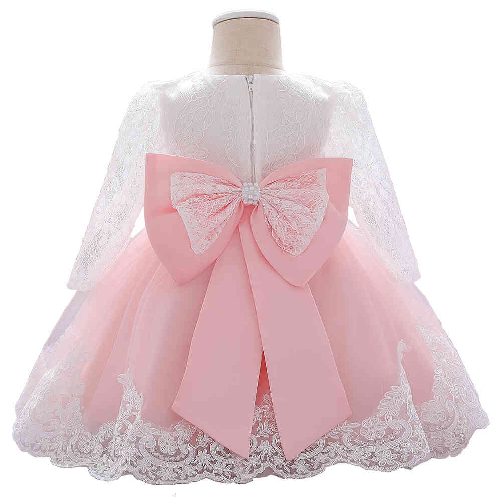 Girl&#039;s Baby Party and Wedding Newborn Long Sleeve Lace Dresses With Big Bow Infant Girl 1st Birthday Princess Dress 1026