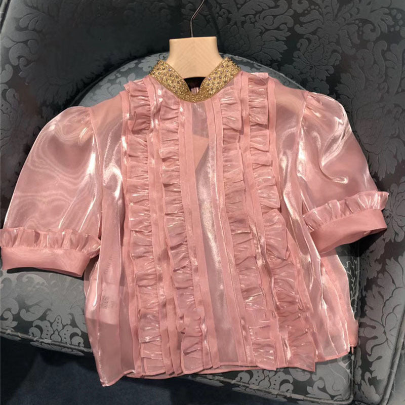 Women&#039;s Blouses & Shirts Pink Sweet Puff Sleeve Chiffon Cute Short Shirt Designer Summer Pleated Luxury Beading Top Women Blouse 2021 DTF9