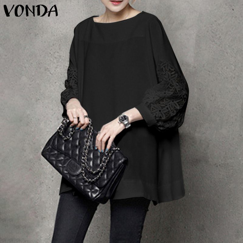 Women&#039;s Polos VONDA Autumn Spring Lace Patchwork Blouses Women Tops 2021 Fashion Shirts Office Ladies Solid Long Sleeve Plus Size