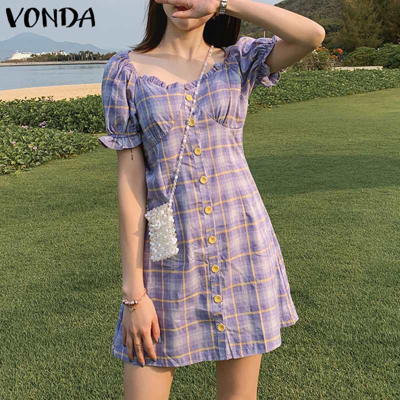 Women&#039;s Blouses & Shirts Casual Square Neck Dresses Party Beach 2021 VONDA Short Sleeve Sundress Bohemian Mini Dress Korean Puff R
