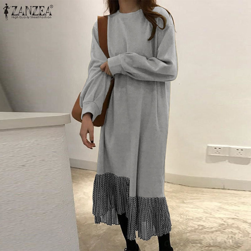 Women&#039;s Blouses & Shirts Womens Autumn Sweatshirt Dress Korean Puff Sleeves Vestidos Casual O Neck Kaftan Robe ZANZEA Fashion Patc