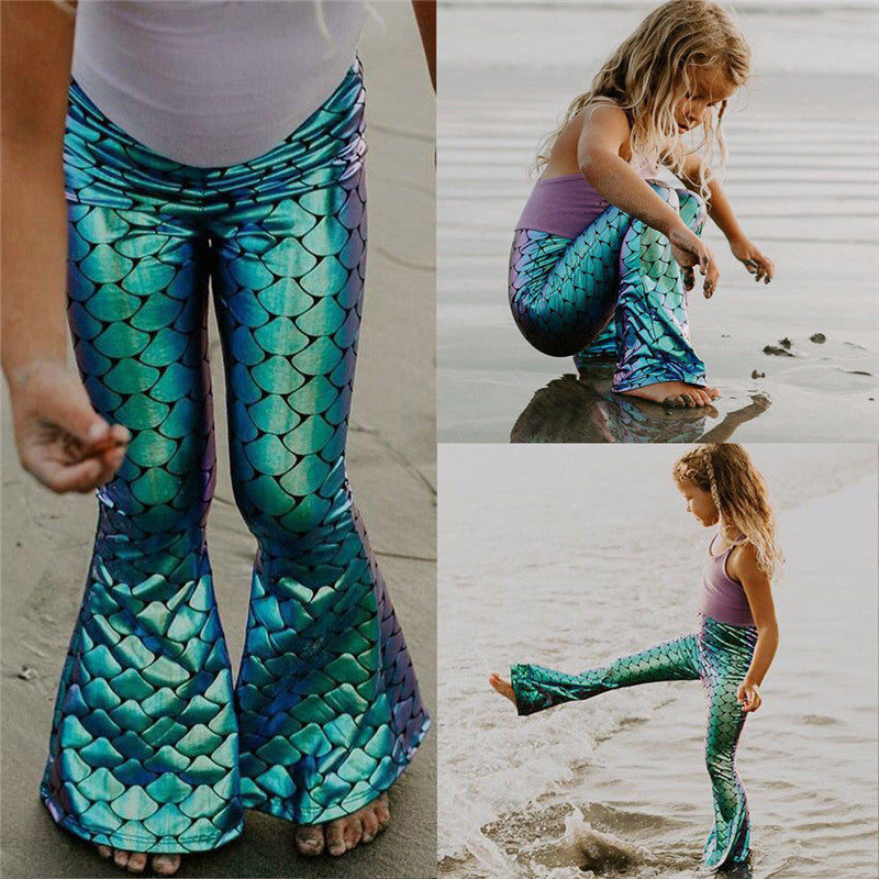 Trousers Novelty Kids Girls Skinning Mermaid Leggings Bell-bottom Pants Fashion Elastic Waist Long Flared Girl Clothes 2-7y R50C