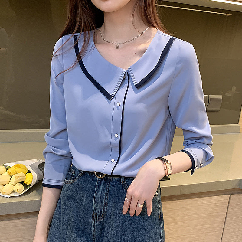 Women&#039;s Tanks & Camis Woman Spring Long-sleeved Peter Pan Collar Blue Chiffon Blouses Shirts 6UUU