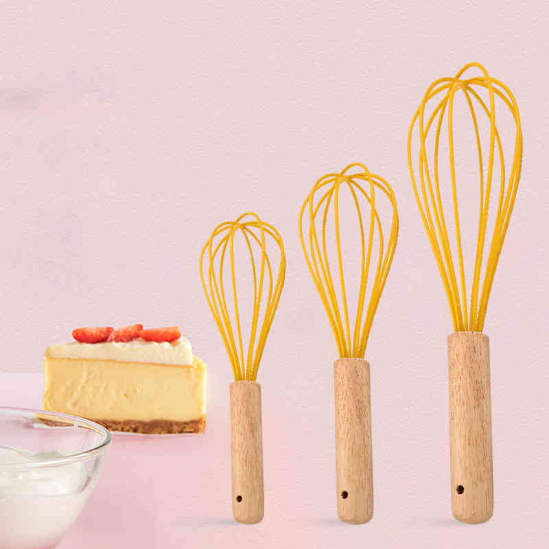 Manual Eggholder Egg Beater Kitchen Gadgets Nature Color Wooden-Silicone Strainer Tool Multifunction 12-10-8Inch Cream Blender