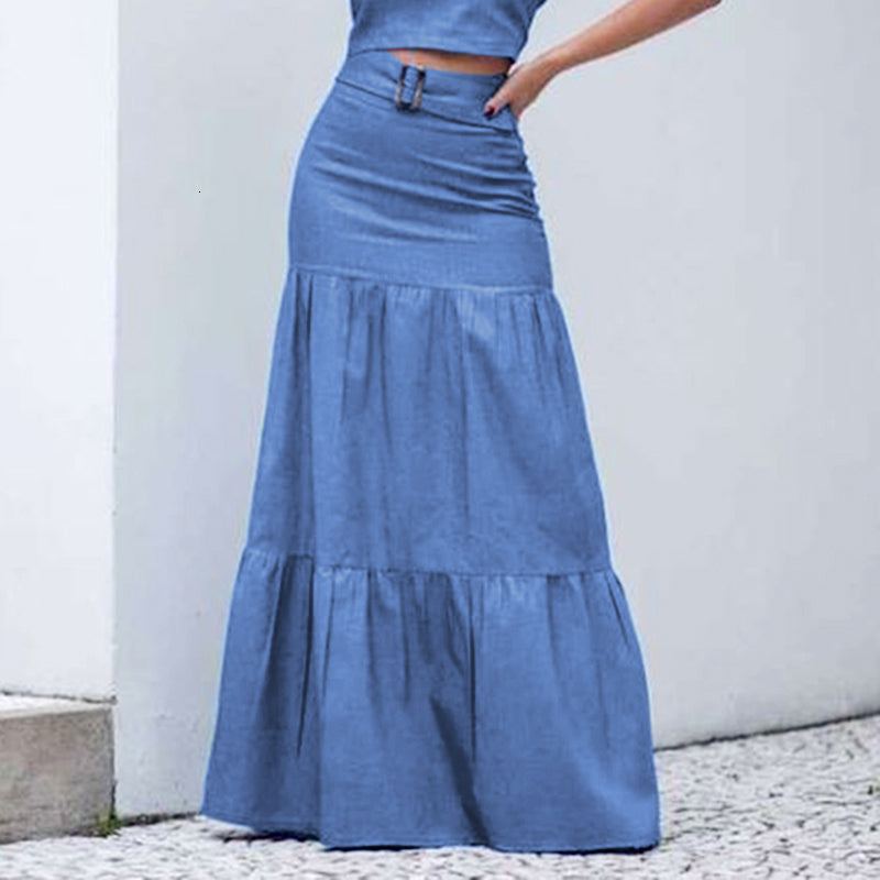 Skirts 2021 Women Solid Long Elastic Waist Pleated Maxi Beach Ruffle Vintage Summer Belt Faldas Saia Party Bottoms 272I