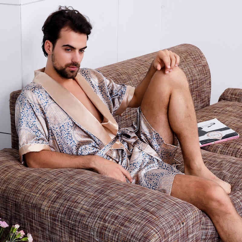 Men&#039;s Sleepwear New Luxury Bathrobe Mens Print Plus Size Robe With Shorts 2 Pcs Silk Satin Pajamas Kimono Home Bath Gown Summer Ma