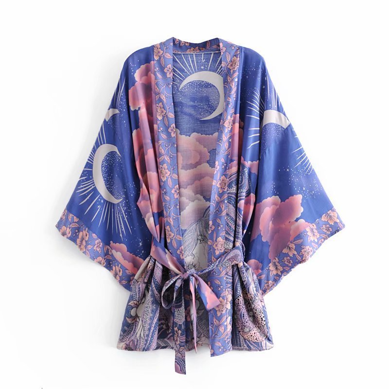 Women&#039;s Blouses & Shirts 2021 New Women Floral Print Bohemian Short Kimono Cardigan Cotton Boho Tops Batwing Sleeve Casual Beach H